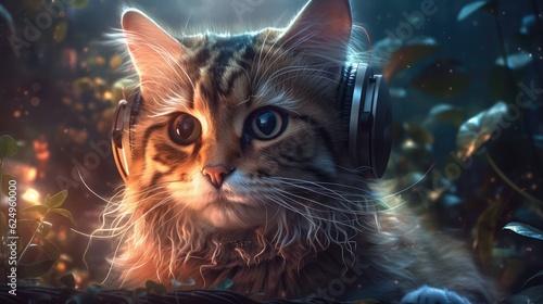 cat with music headphones. Created with Generative AI. © lchumpitaz