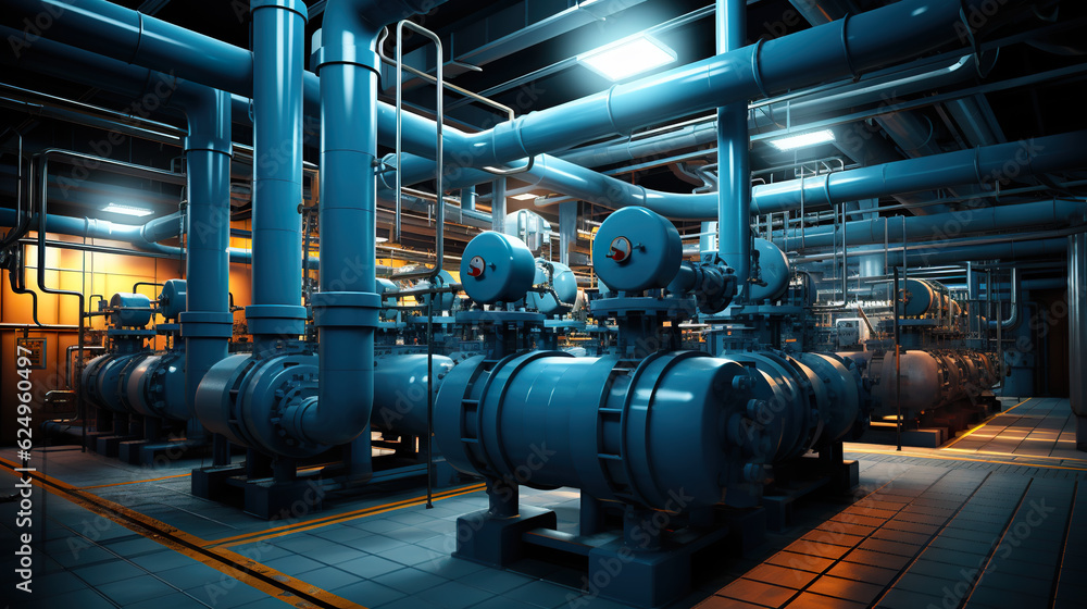 A large room with a bunch of pipes and valves. Generative AI. Industrial boiler room and water factory. A large room with a bunch of pipes and valves. Generative AI. Industrial boiler room and water factory.