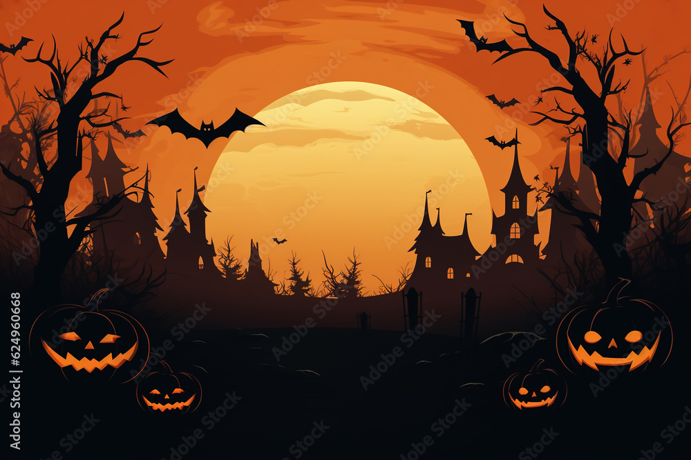Halloween background with full moon, pumpkins and bats