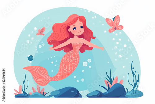 Cute and pretty little mermaid with red hair, cartoon illustration style