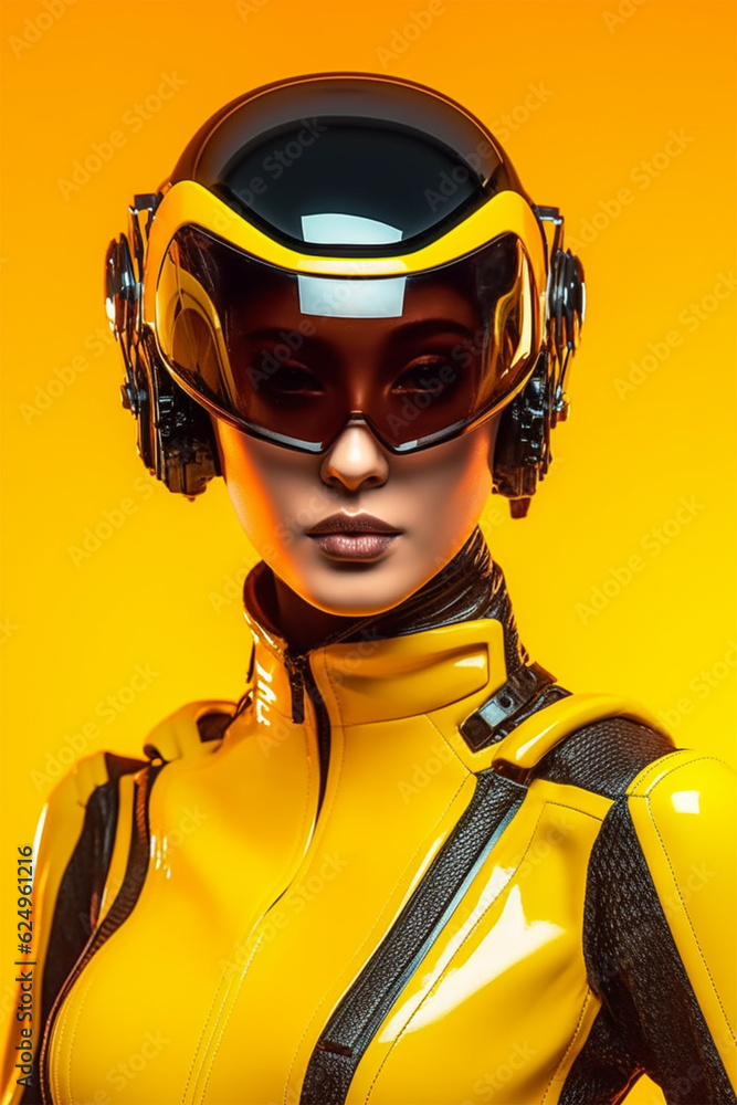 A beautiful athletic girl with a VR headset and a yellow latex suit, immersed in virtual reality and using augmented reality technology. Generative AI. A beautiful athletic girl with a VR headset and a yellow latex suit, immersed in virtual reality and using augmented reality technology. Generative AI.