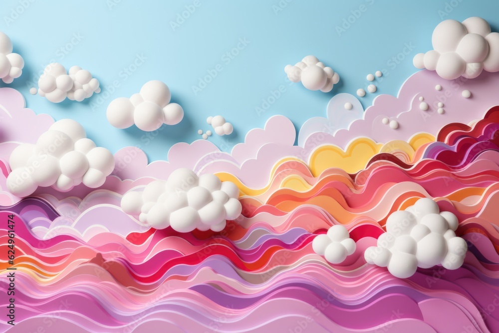 A paper cut of clouds and waves on a blue background. Generative AI.