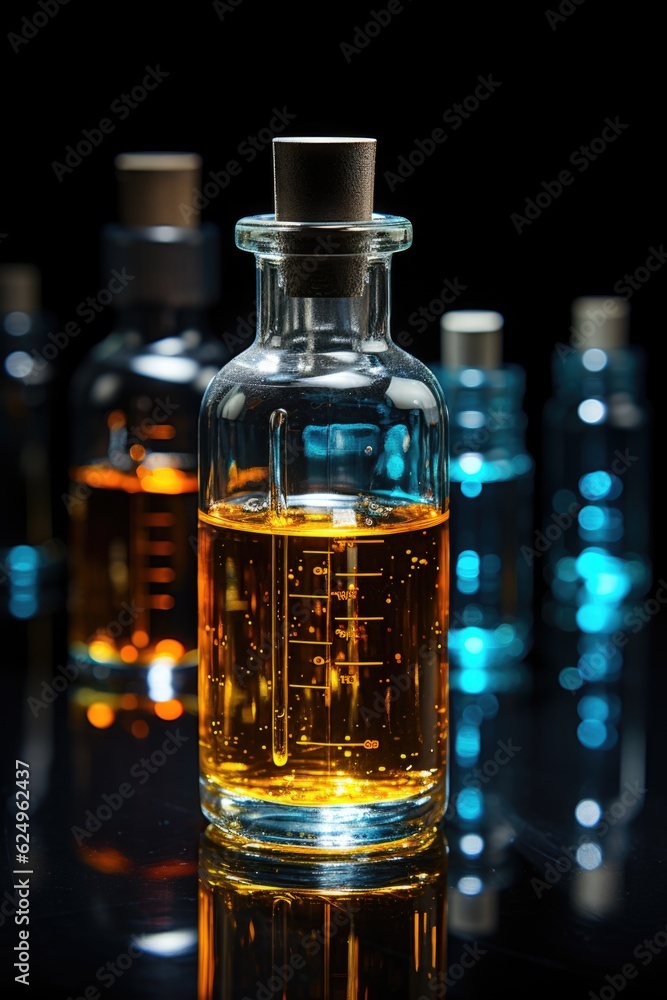 A glass bottle filled with liquid sitting on top of a table. Generative AI. A glass bottle filled with liquid sitting on top of a table. Generative AI.