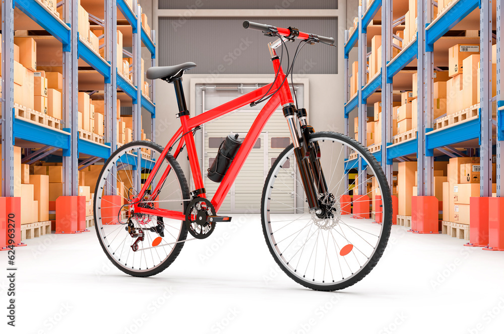 Sport bicycle in storehouse, delivery concept. 3D rendering