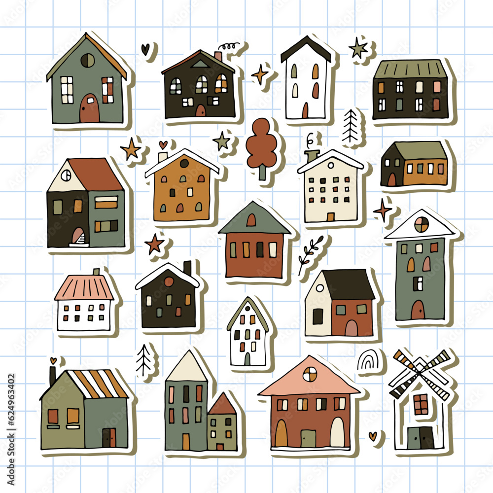 Set of hand drawn houses. Stickers. Collection of sketched buildings. Doodle retro style