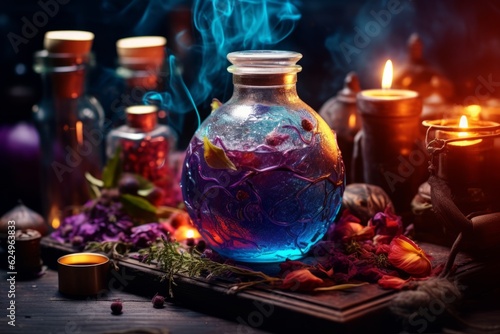 Enchanting brew of vibrant sorcery on wooden table, Generative AI © avrezn