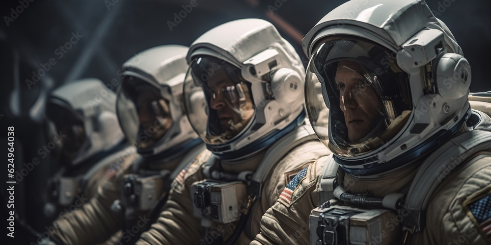 Astronauts waiting for landing in space ship. Generative AI Astronauts waiting for landing in space ship. Generative AI