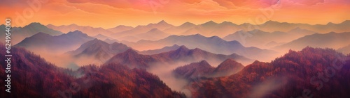 Panoramic view of mountain range in misty spring. Generative AI