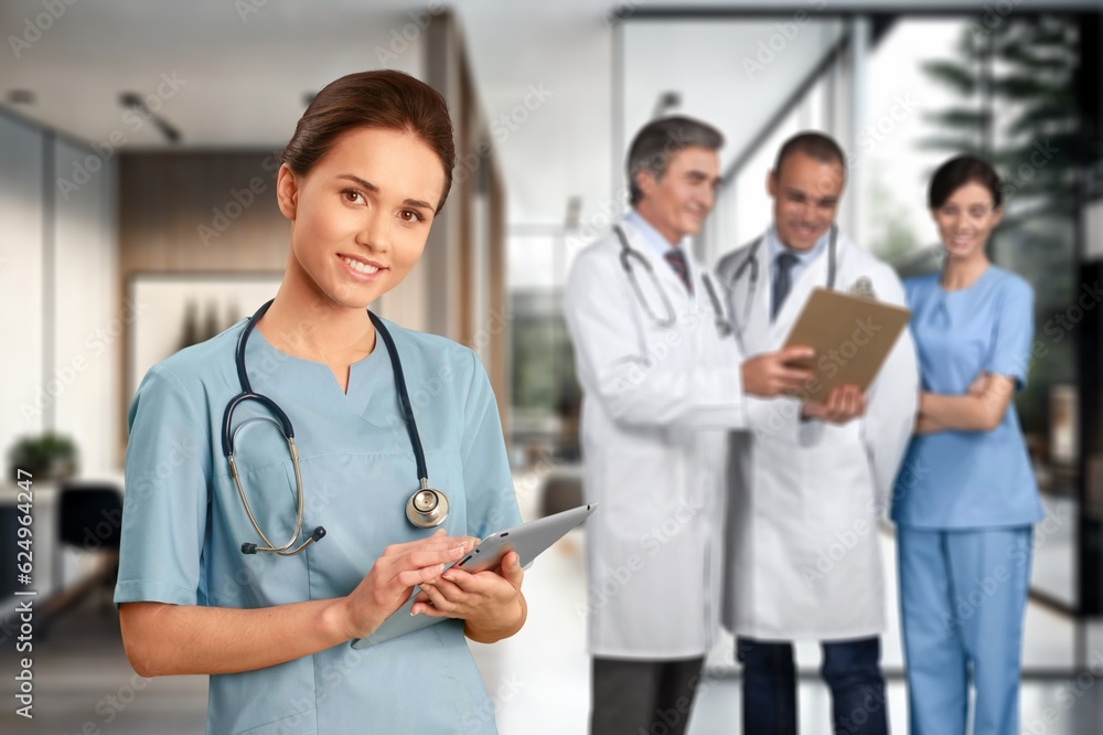 Fototapeta premium Young healthcare doctor hold digital tablet for research