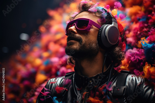 A man wearing sunglasses and headphones in front of a wall of flowers. Generative AI. © tilialucida
