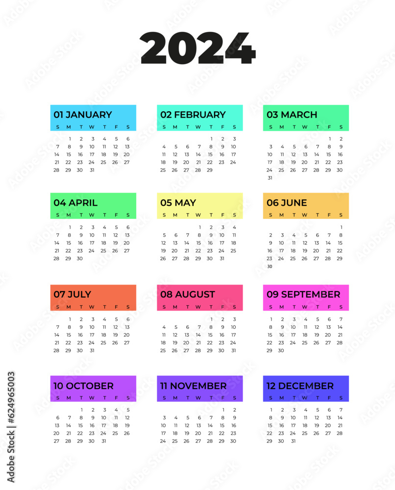 Calendar 2024, week starts from Sunday, on white background black text with colored strips, template, vector. bright design. Calendar 2024, week starts from Sunday, on white background black text with colored strips, template, vector. bright design.