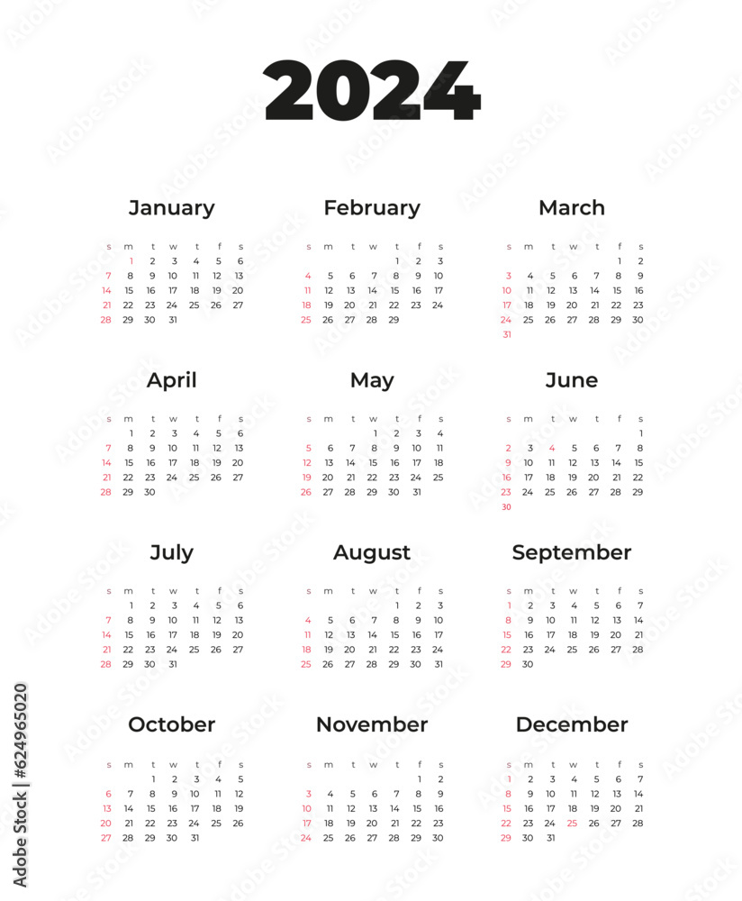 Calendar 2024, week starts on Sunday, on white background, template, vector. Calendar 2024, week starts on Sunday, on white background, template, vector.