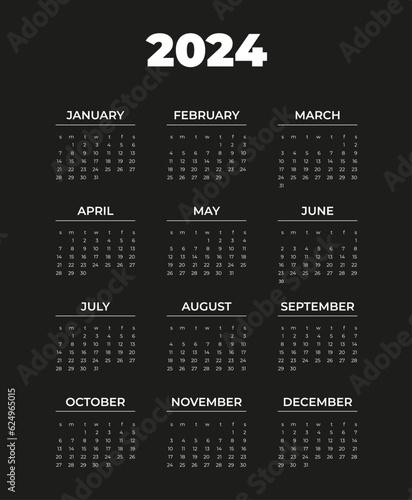 Calendar 2024, week starts from Sunday, on black background white text, template, vector.