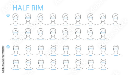 Set of Half Rim frame glasses fashion accessory illustration. Sunglass front view for Men, women, unisex silhouette style, flat rim spectacles eyeglasses, lens sketch style outline isolated on white