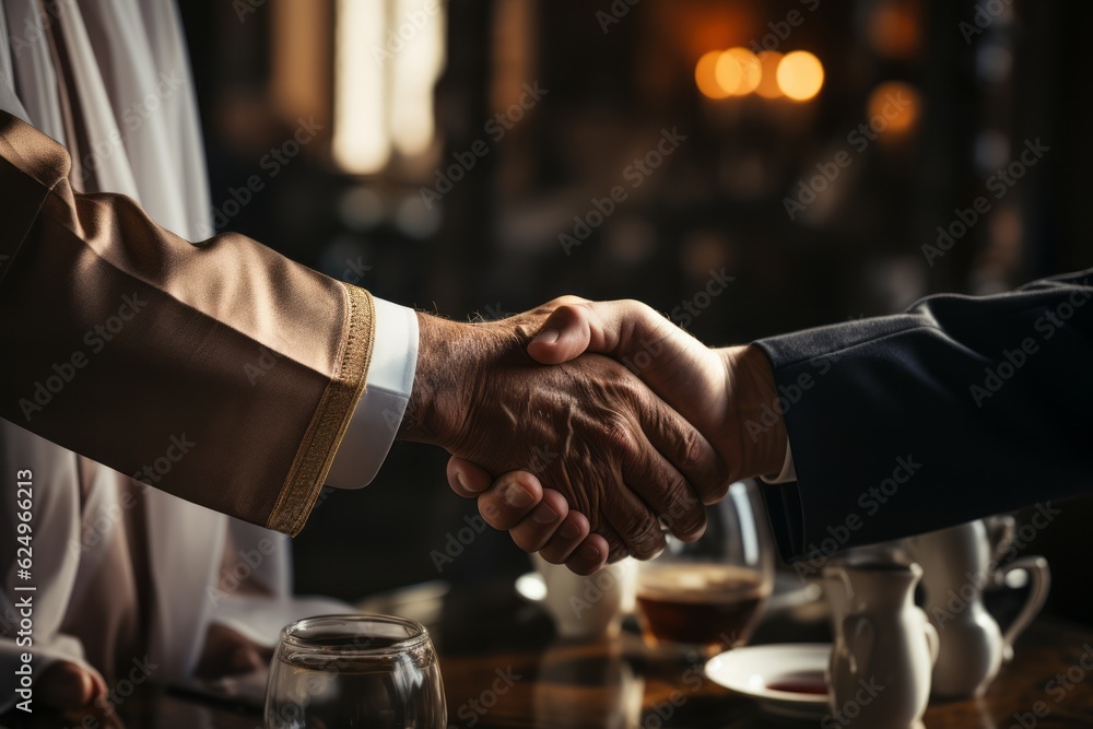 Arab Sheik businessman giving a handshake to his business partner. Generative AI Arab Sheik businessman giving a handshake to his business partner. Generative AI