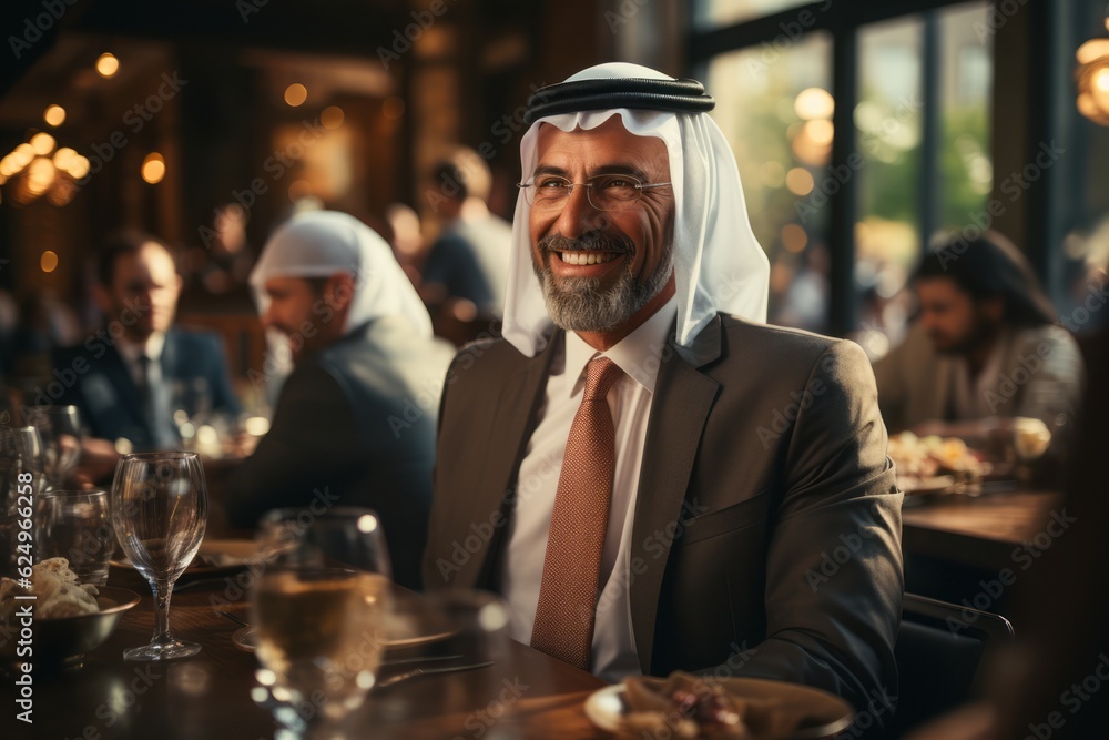 A shot of an Arab businessman in a business meeting with colleagues or clients, showcasing professionalism and confidence. Generative AI