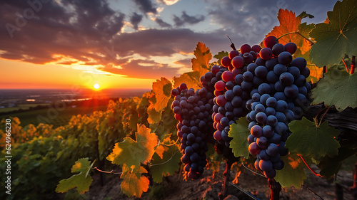 veduta del tramonto da un vigneto di uva rossa, primo piano di uva e tralci, vitigno a settembre in toscana photo