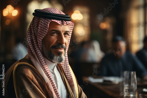 A shot of an Arab businessman in a business meeting with colleagues or clients, showcasing professionalism and confidence. Generative AI
