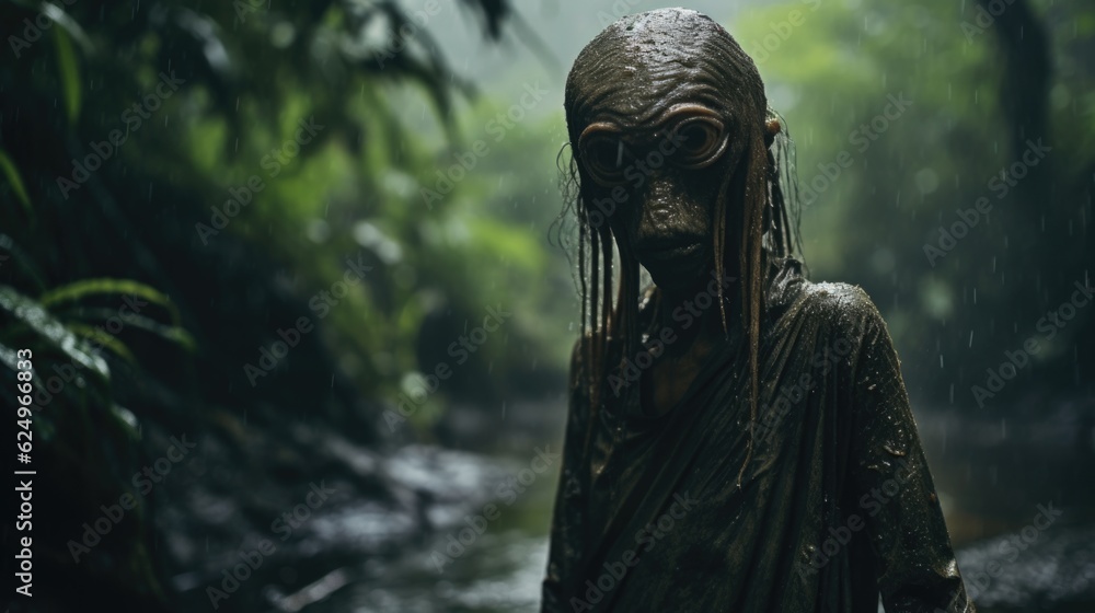 Enigmatic Shadows: Creepy Creature in the Rainy Jungle, Monsterous Ghost Alien Generative AI Enigmatic Shadows: Creepy Creature in the Rainy Jungle, Monsterous Ghost Alien Generative AI