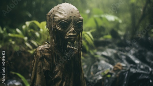 Enigmatic Shadows  Creepy Creature in the Rainy Jungle  Monsterous Ghost Alien Generative AI