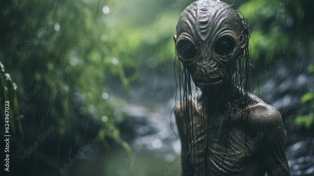 Enigmatic Shadows: Creepy Creature in the Rainy Jungle, Monsterous Ghost Alien Generative AI Enigmatic Shadows: Creepy Creature in the Rainy Jungle, Monsterous Ghost Alien Generative AI
