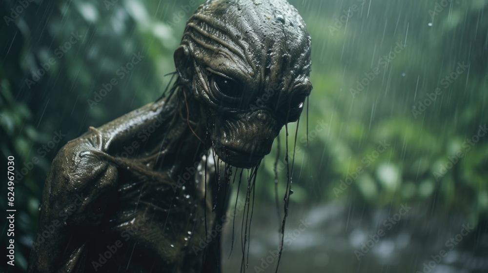 Enigmatic Shadows: Creepy Creature in the Rainy Jungle, Monsterous Ghost Alien Generative AI Enigmatic Shadows: Creepy Creature in the Rainy Jungle, Monsterous Ghost Alien Generative AI