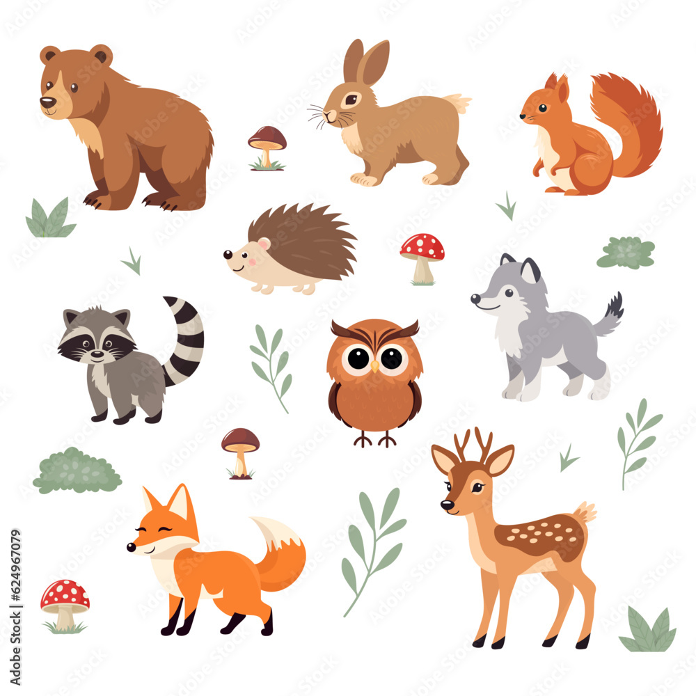 Flat Vector Cute Wild Animals Set - Grizzly Bear, Hare or Rabbit, Squirrel, Raccoon, Hedgehog, Wolf, Owl, Fox, Deer. Forest Cartoon Aanimals. Woodland Animal Collection Flat Vector Cute Wild Animals Set - Grizzly Bear, Hare or Rabbit, Squirrel, Raccoon, Hedgehog, Wolf, Owl, Fox, Deer. Forest Cartoon Aanimals. Woodland Animal Collection