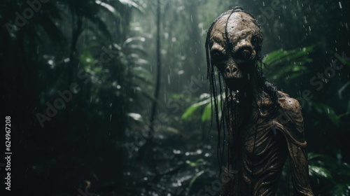 Enigmatic Shadows: Creepy Creature in the Rainy Jungle, Monsterous Ghost Alien Generative AI