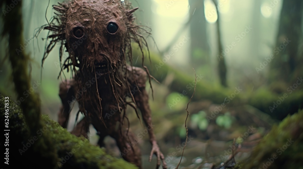 Obraz premium Enigmatic Shadows: Creepy Creature in the Rainy Jungle, Monsterous Ghost Alien Generative AI