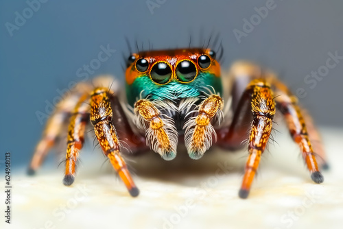 Extreme close up shot of Jumping Spider front view, AI Generated image. 