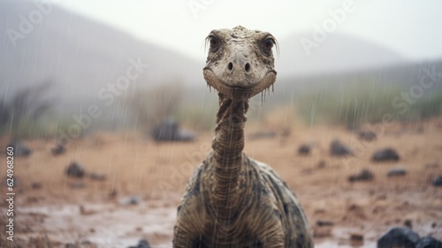 Desert Enigma: Creepy Dinosaur in the Rainy Desert Captured in a Photograph Generative AI