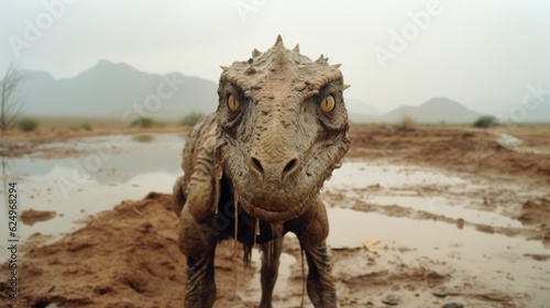 Desert Enigma  Creepy Dinosaur in the Rainy Desert Captured in a Photograph Generative AI