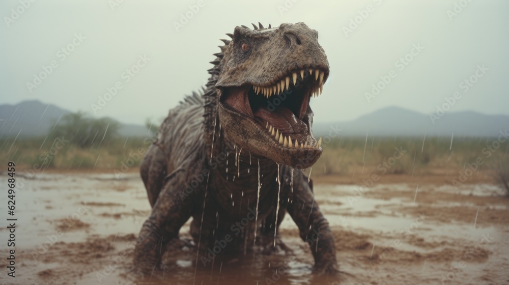 Fototapeta premium Desert Enigma: Creepy Dinosaur in the Rainy Desert Captured in a Photograph Generative AI