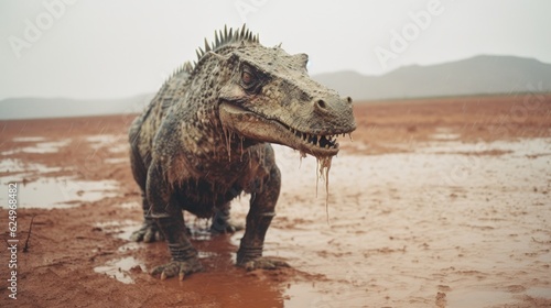 Desert Enigma: Creepy Dinosaur in the Rainy Desert Captured in a Photograph Generative AI © Ecleposs