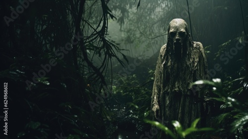 Phantom Veil: Creepy Ghost in the Rainy Jungle Captured in a Photograph Generative AI