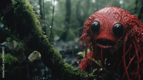Enigmatic Intruder  Creepy Red Creature of the Rainy Jungle  Captured in a Photograph Generative AI