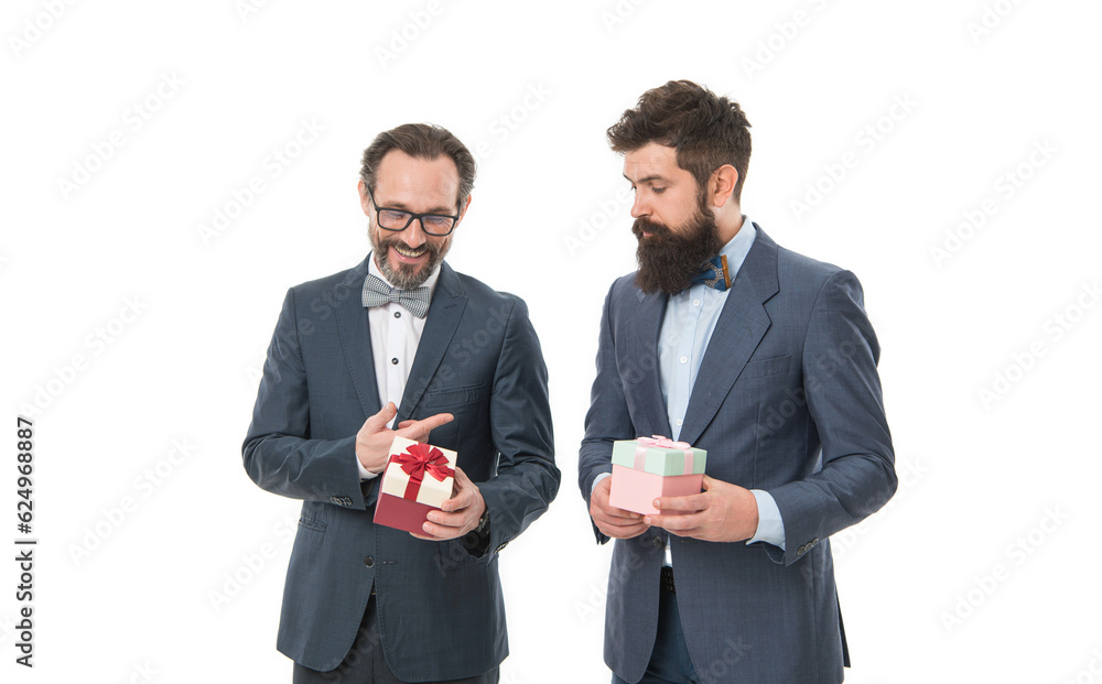 happy birthday shopping. business partners on meeting isolated on white. businessmen in formal suit on party. success and reward. esthete. bearded men hold valentines present. Pleasant shopping happy birthday shopping. business partners on meeting isolated on white. businessmen in formal suit on party. success and reward. esthete. bearded men hold valentines present. Pleasant shopping