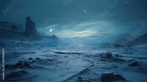 Frozen Extraterrestrial: Ice Snow Alien Planet Landscape Captured on 35mm Film Generative AI