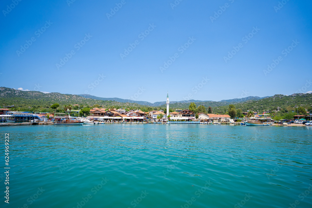View of ships in the harbor of Kekova Ucagiz village.