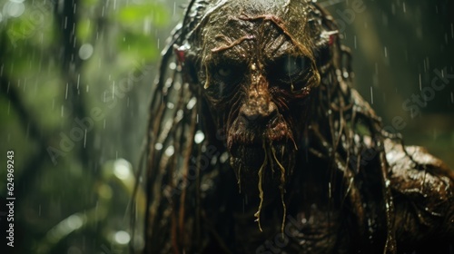Scary Demon in the Rainy Jungle Evoking Horror Generative AI