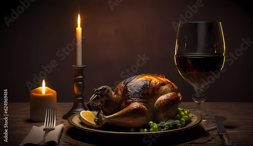 Thanksgiving Day. Turkey. Festive Candlelight Dinner. Glass of wine. Banner. Wallpaper. created by AI