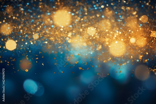 Gold lights and blue small glitter  bokeh background   Generative AI