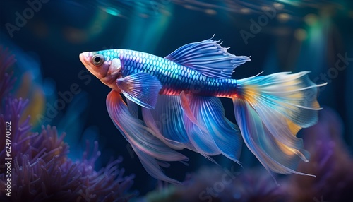 Beta Splendens Siamese Fight Fish Purple Coral Reef Beautiful Fins - Created with Generative AI. © KRSPEACE