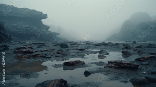  Celestial Drift: Alien Planet Landscape in Rainy Weather Captured in a Photograph Generative AI