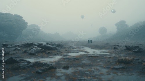  Celestial Drift: Alien Planet Landscape in Rainy Weather Captured in a Photograph Generative AI