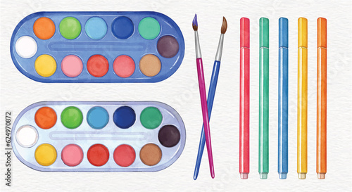 watercolor paints in box with paint brush and multi-colored markers hand drawn in watercolor style. Colorful watercolor palette. kids drawing tools