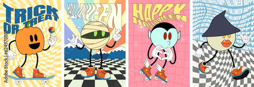 Retro groovy Happy Halloween party art poster set. Pumpkin, mummy, vampire and witch holiday characters on crazy hippy placard. Hippie abstract October 31 festive event flyer. Trendy y2k pop design