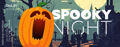 Happy Halloween festive banner with spooky face pumpkin in graveyard. Horizontal art poster scary Jack-o-lantern in cemetery. Holiday promo invitation artwork flyer. Typography print vector template