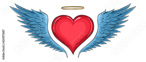 Red heart with angel wings and halo