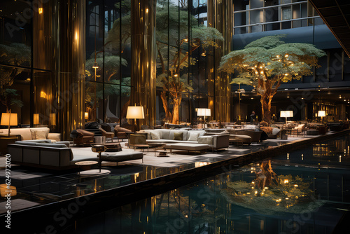 Modern and stylish interior design of a lavish hotel lobby with a touch of luxury and prestige. Created with generative AI technology. © HEMINXYLAN